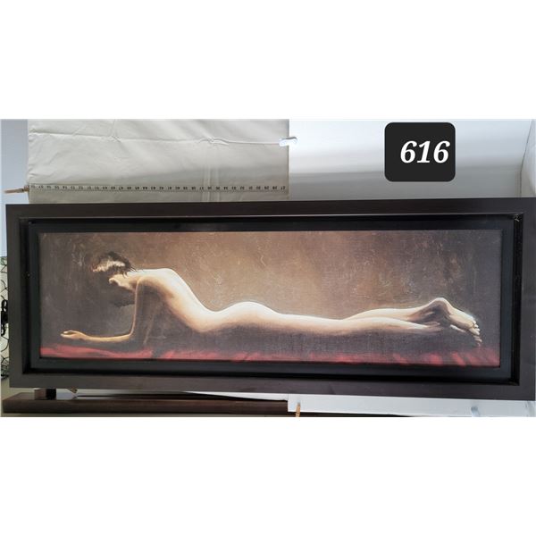22” X 61” framed Giorgio Mariani canvas of a nude resting woman. Italy