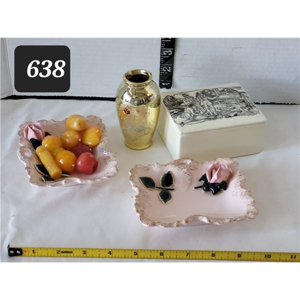 Vtg. Artmark gold vase with silver overlay, makers mark on bottom.(Japan). 2 Lefton porcelain trinke