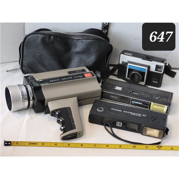 Vtg. Sears Reflex zoom movie camera. Extralite 10 & Instamatic X15 cameras. Hanimex Tele110TF & bag.