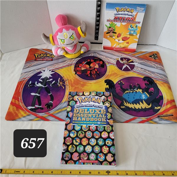 Pokemon non slip mat, collector pin & books plus a stuffed character.