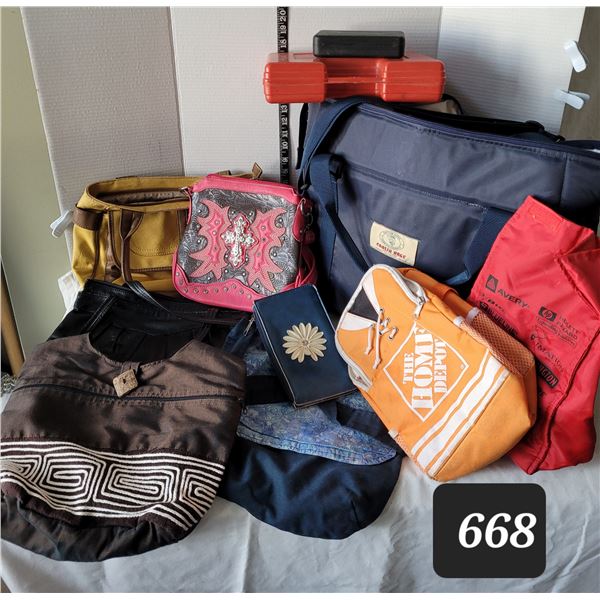 Assortment of purses, tote, lunch bags etc. & Sutton River Trading Co. insulated Cooler Bag.