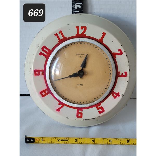Very nice 1940's Ingraham 8 day mechanical wind, tin wall clock.