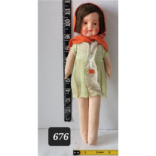 Antique German Muslin cloth, straw filled doll. Paper mache head with painted features.