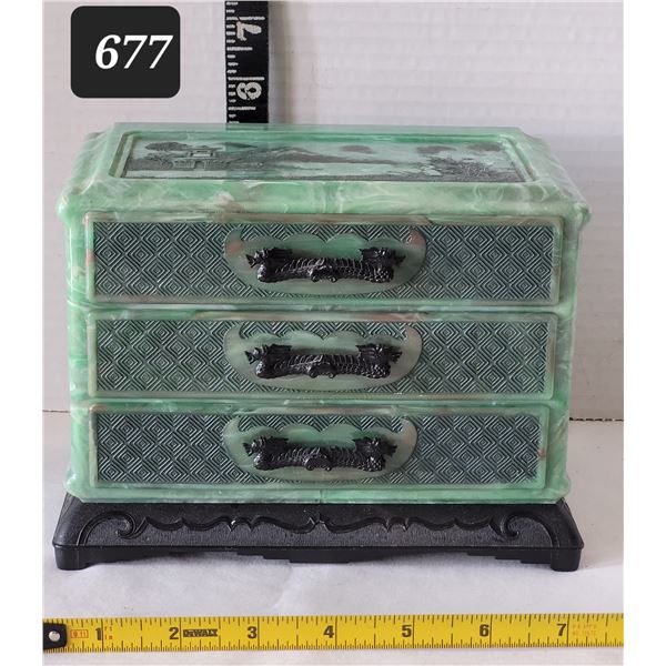 Vintage bakelite Jade green marbled 3 drawer Jewelry box with black Dragon pulls. Asian carved pagod