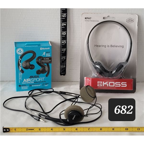 Head phones. Sony, Koss(New), AirSport Jbuds (New) wireless, Bluetooth.