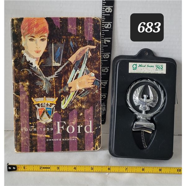 Vtg. ThunderBird hood ornament & 1959 Ford owners Manual.