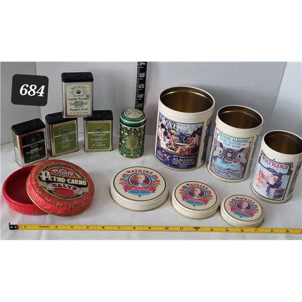 Watkins metal spice containers, 3 piece canister set & 135th anniversary salve container.