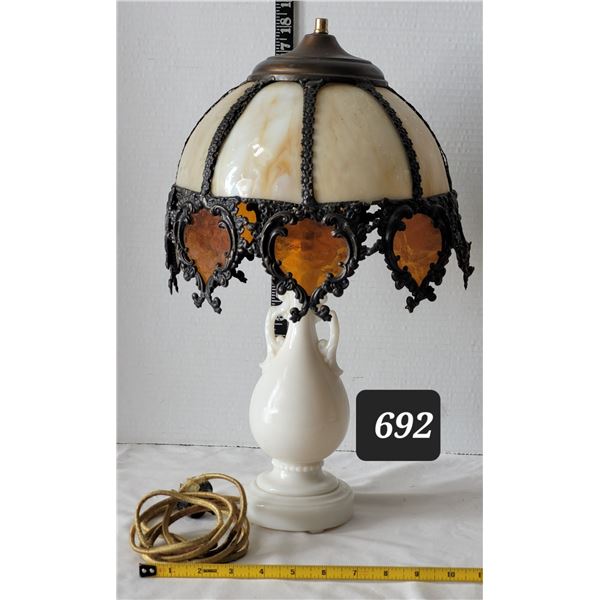 1940's Aladdin Ivory Alacite glass table lamp. Bakelite switch & original cloth cord. Shade is damag