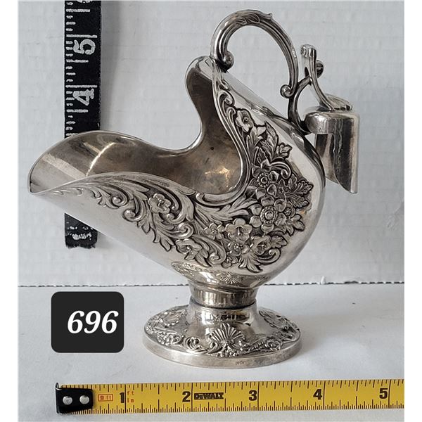 Vtg. Silver plated sugar scuttle/ salt cellar bowl. Has raised floral pattern & removable scoop.(Ita