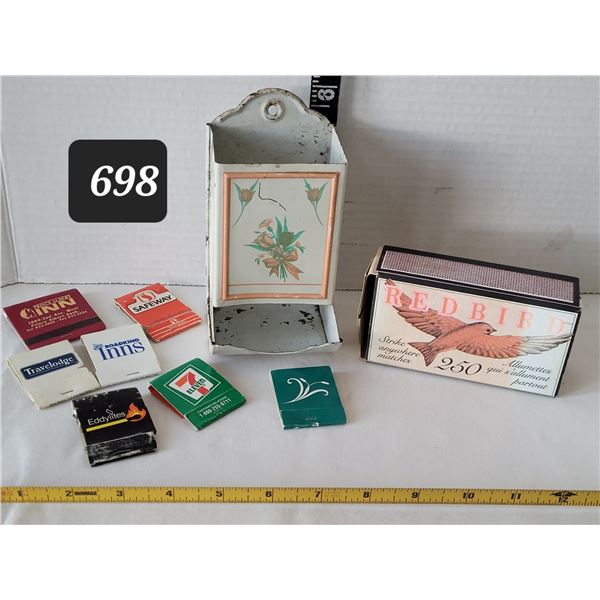 Vtg. Matchbox holder & advertising match books.