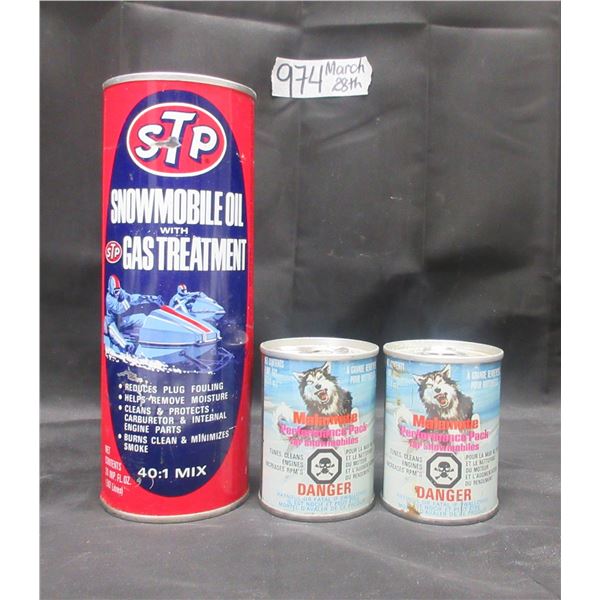 2 Malamute Additive tins and STP Snowmobile Oil tins (all full)