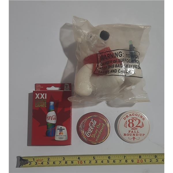 Winter Olympic Game Cards, Coca Cola Bear Stuffy, Coca Cola Bedge.