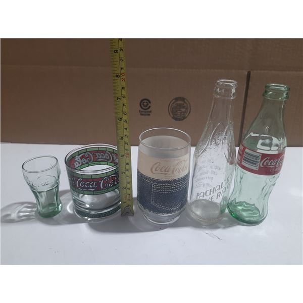 (3) Vintage Coca Cola Glass, Pachal's Beverages Yorkton Empty Bottle, Coca Cola Classic Empty Bottle