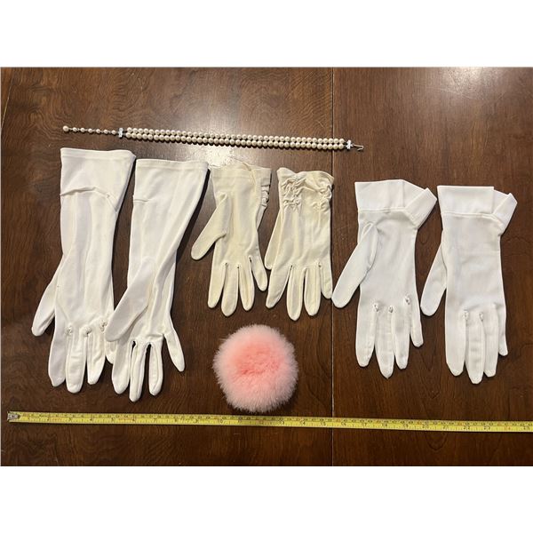 Vintage powder puff, gloves and necklace