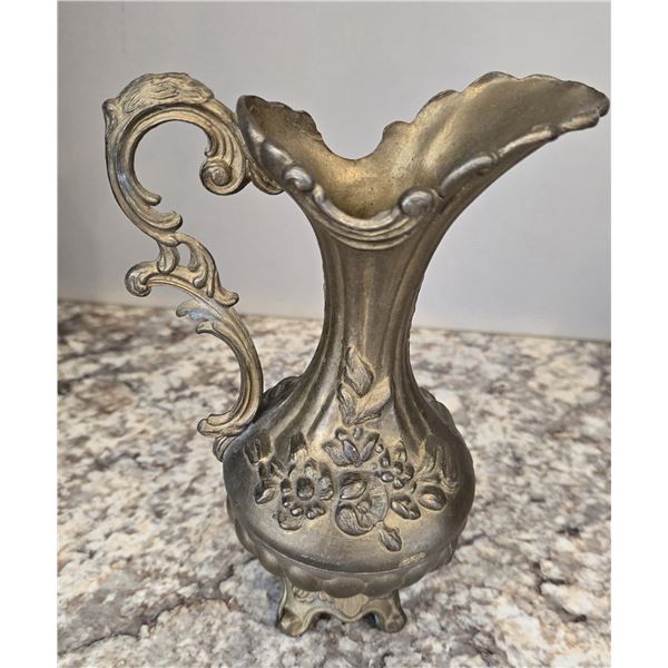 Vintage made in Italy 7" floral design footed brass pitcher/vase.
