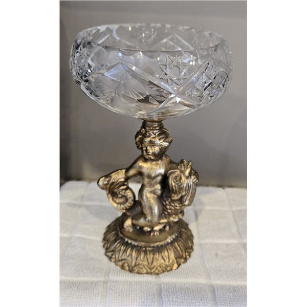 Cornell crystal candy dish with Cherub and Koi Fish metal base. 7 1/2" tall.  Stamped "Cornell"