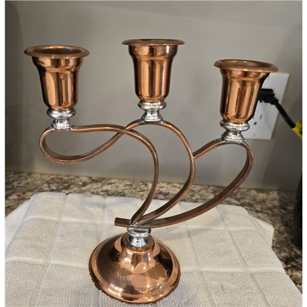 Vintage Venitian copper 3 - arm candelabra. Copper with silver accents. 7 1/2" tall, 6 1/2" wide.  1