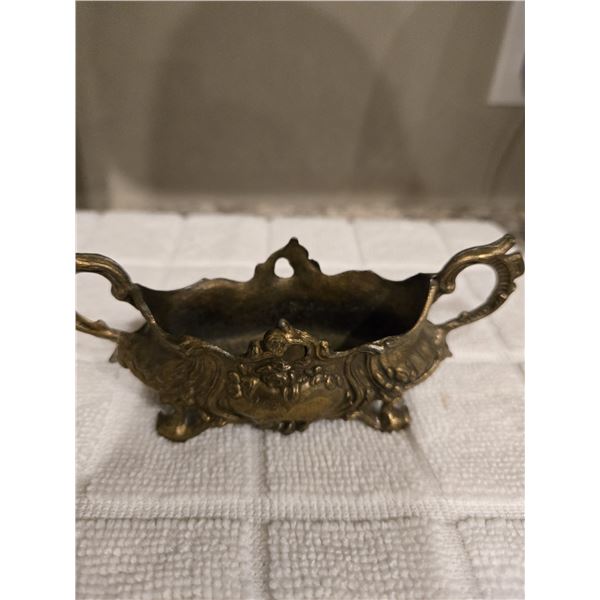 Antique ornate brass Jardiniere planter. Small - 5 1/2" long, 1 1/2" wide, 1 1/2" tall. Very ornate,