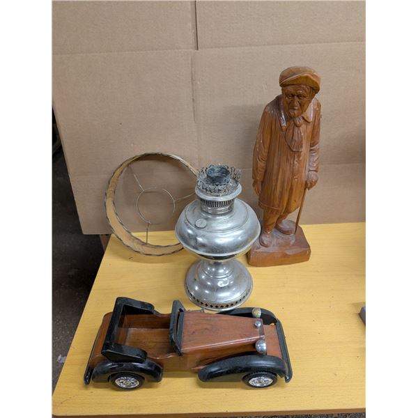 (2) Wood Decor Items w/ "Perfection" Oil Lamp Base w/ Shade