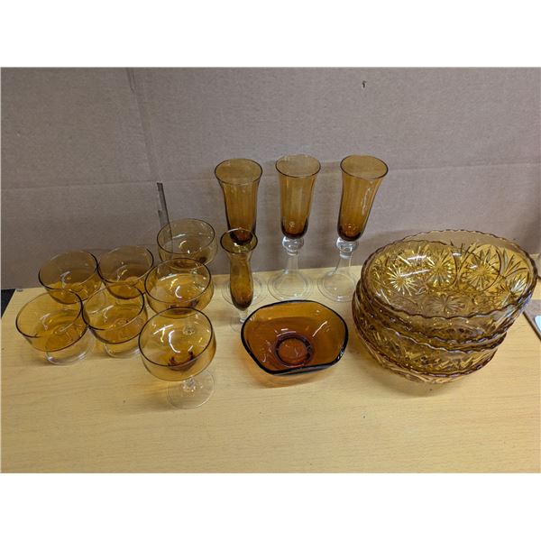 Lot of Amber Glass Coloured Glasses and Dishes as Shown