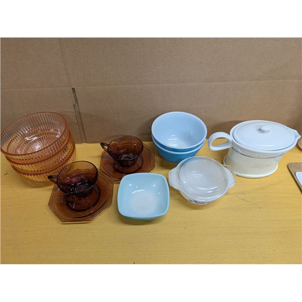 Lot of Pyrex, Glass Cup and saucers, and etc.