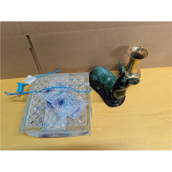 Blue Pottery Designed Deer, Brass item, and Light up Glass Block (Works)