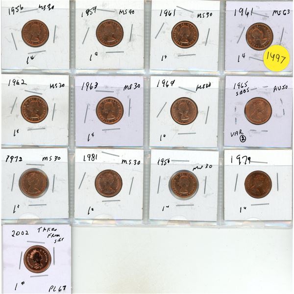 1956, 1959, (2) 1961, 1962, 1963, 1964, 1965, 1972, 1981, 1956, 1979, 2002 Canada Proof Like One Cen