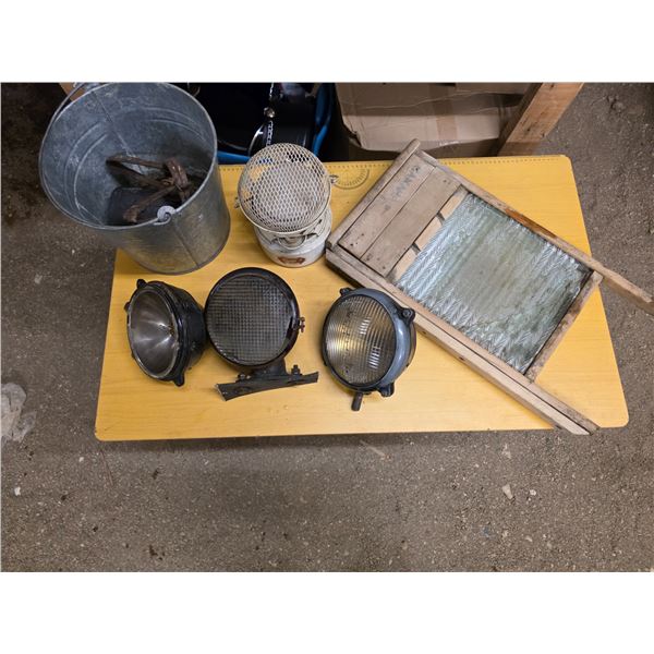 Lot of vintage items, washboard, head lights, heater, bucket