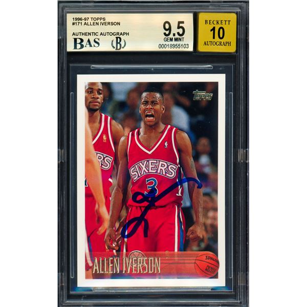 1996-97 TOPPS ALLEN IVERSON SIGNED TRADING CARD - BECKETT GRADE 9.5 ON CARD 10 ON AUTOGRAPH