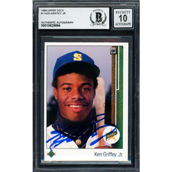 1989 UPPER DECK KEN GRIFFEY JR SIGNED ROOKIE TRADING CARD - BECKETT GRADE 10