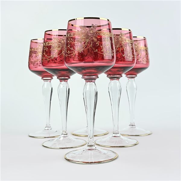 ORNATE GILDED BOHEMIAN CRANBERRY WINE GLASSES