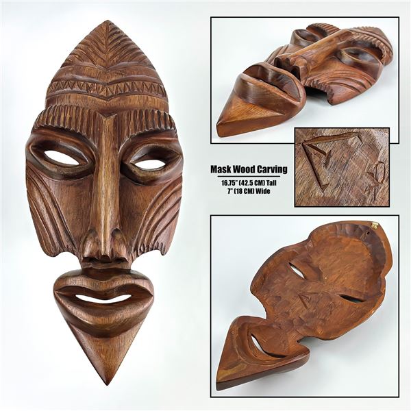 16.5” FACE MASK WOOD CARVING SCULPTURE - SIGNED
