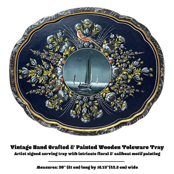 FLORAL HAND PAINTED WOODEN TOLEWARE TRAY ART