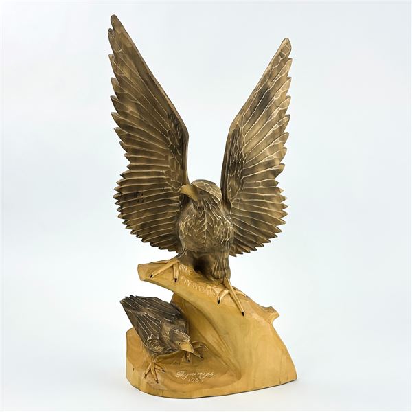 VTG HAND CARVED WOODEN EAGLE EAGLET SCULPTURE