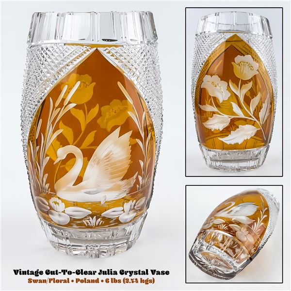 VTG JULIA POLAND CUT-TO-CLEAR CRYSTAL FLOWER VASE