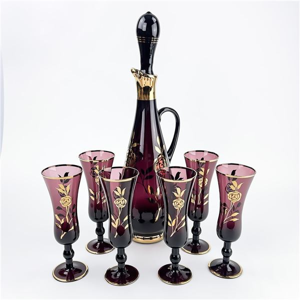 VTG 70’S ERA AMETHYST LIQUOR DECANTER & GLASSES
