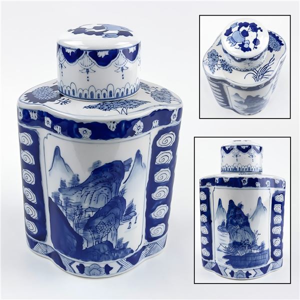 VTG BLUE & WHITE PORCELAIN GINGER JAR - TEA CADDY