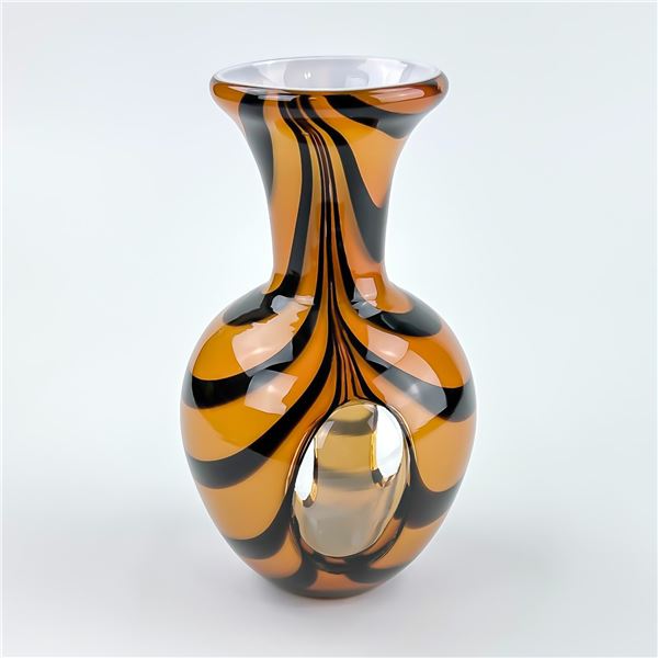 HAND BLOWN TIGER STRIPE ART GLASS VASE SCULPTURE