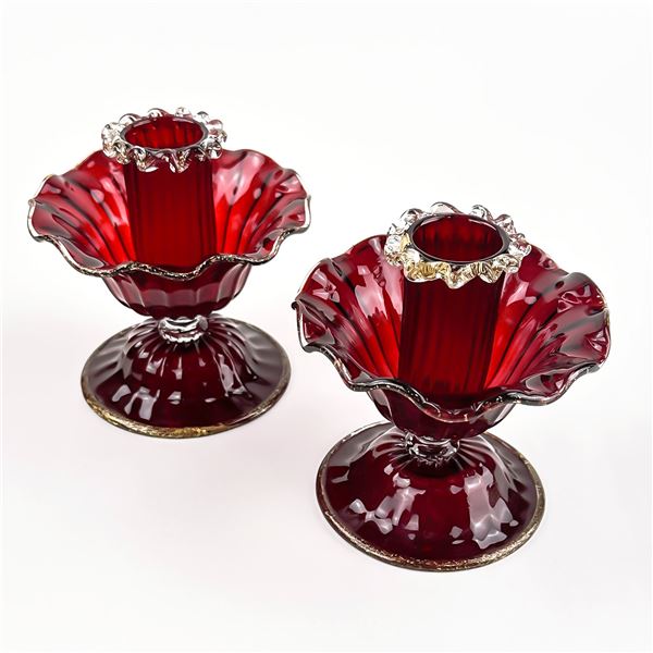 RUBY RED SALVIATI OR FENTON ART GLASS CANDLE STICK