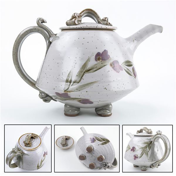 VTG HAND MADE FOOTED STONEWARE POTTERY TEAPOT