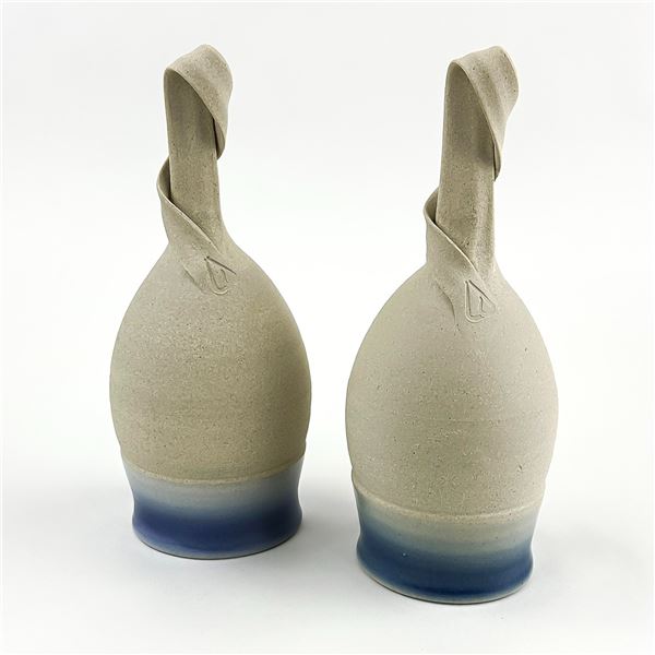 PAIR OF UNIQUE BLUE RIMMED POTTERY WINE GOBLETS