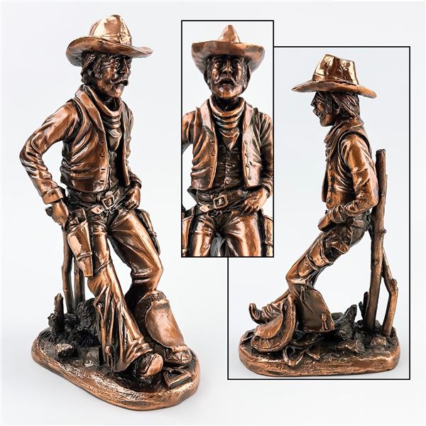 RUSTIC COWBOY & SADDLE FIGURINE ART SCULPTURE