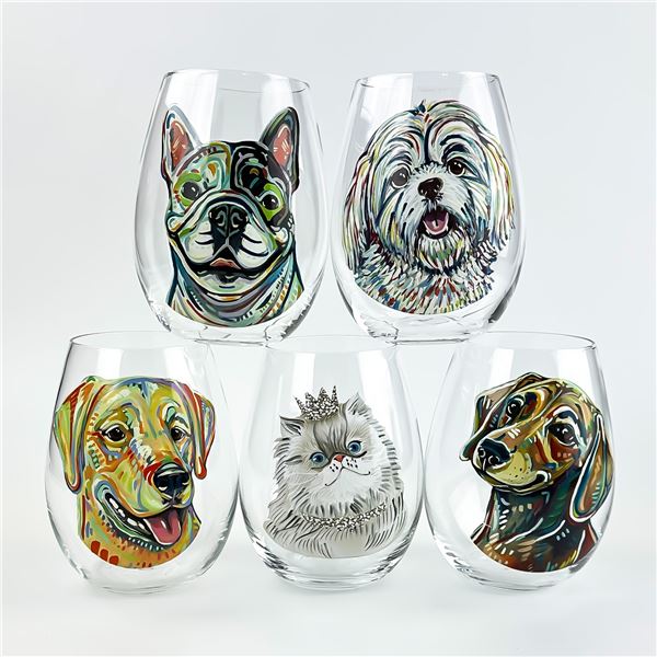 SET OF 5 STEMLESS GLASSES - DOG & CAT ILLUSTRATIONS