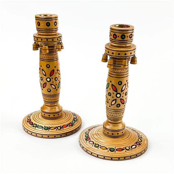 UKRAINIAN INLAID HUTSUL FOLK ART CANDLESTICKS
