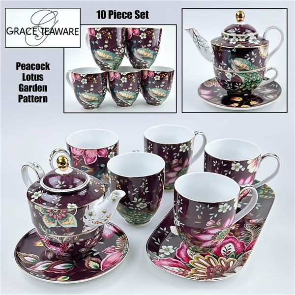 GRACE TEAWARE PEACOCK LOTUS GARDEN TEAPOT SET