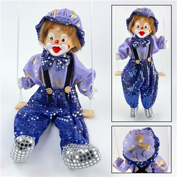 PORCELAIN CLOWN MARIONETTE STYLE DOLL ON SWING