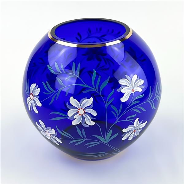 HAND PAINTED COBALT BLUE GLASS FLORAL BULB VASE
