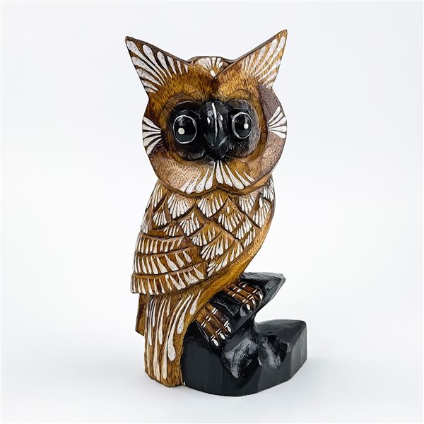 HAND MADE WOODEN OWL FIGURINE BIRD SCULPTURE