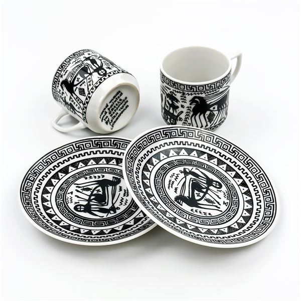 GREEK HAND CRAFTED KEPAMEIKH CUPS & SAUCERS SET