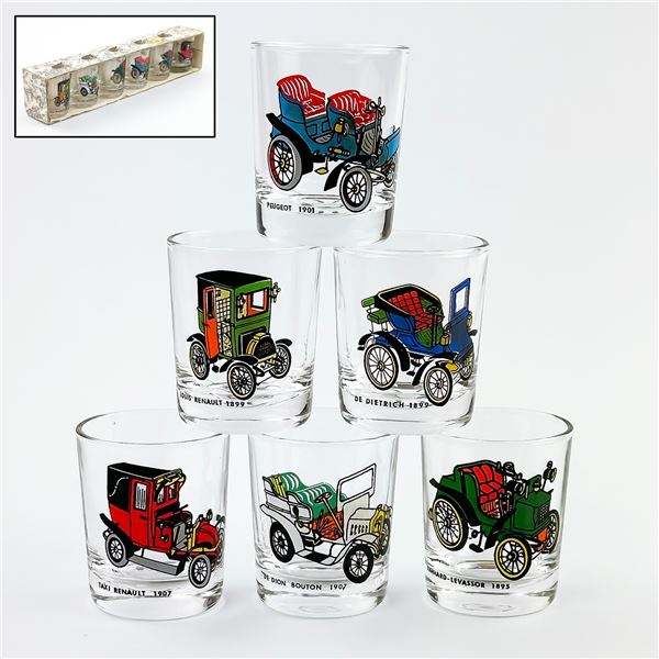 SET OF 6 VINTAGE OLD CAR AUTOMOBILE SHOT GLASSES